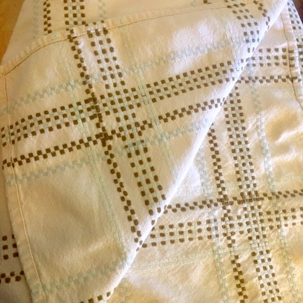 Windowpane Plaid Tablecloth Cotton Vintage Cream Aqua Brown India Oblong